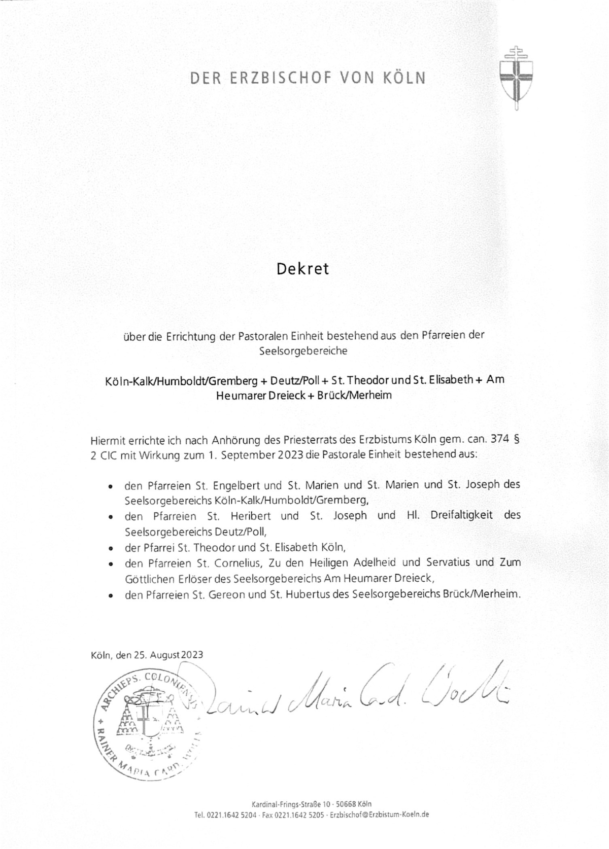 Dekret über die Errichtung der Pastoralen Einheit